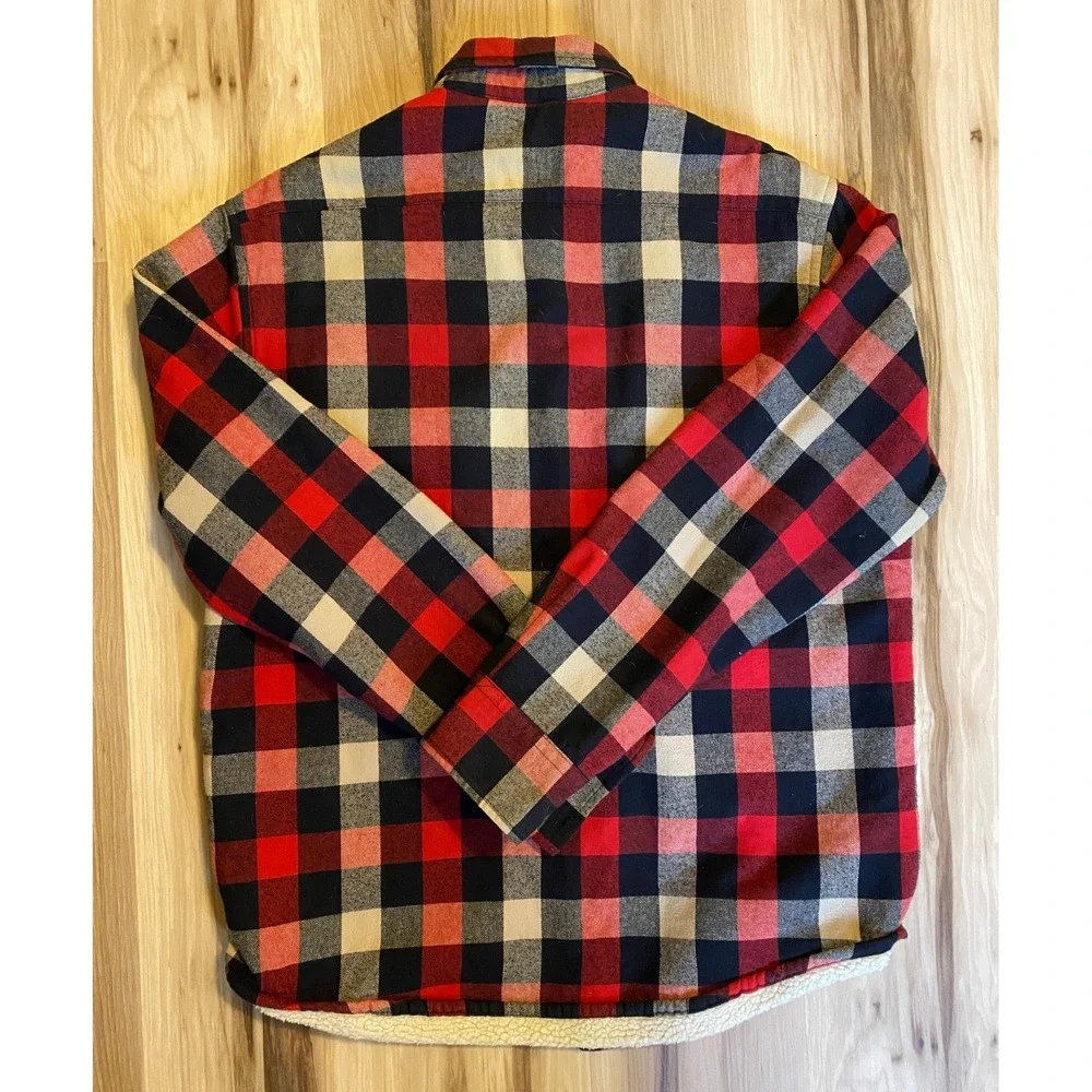 J.Crew Mens Buffalo Plaid Sherpa Lined Flannel Shirt Jacket Red Black Medium